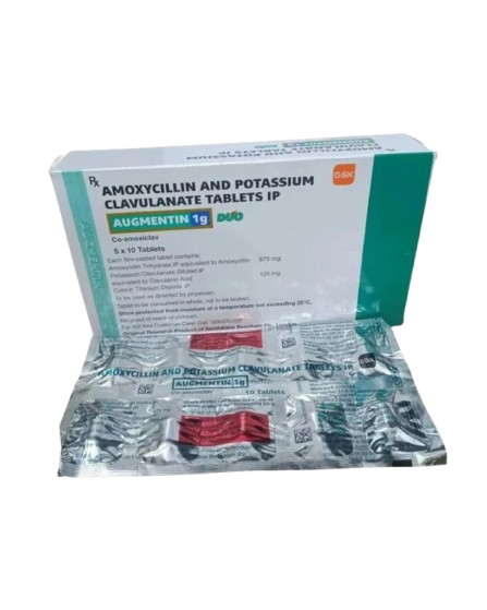 Augmentin 1000 mg Tablet (Amoxicillin 875 mg + Clavulanic Acid
125 mg)