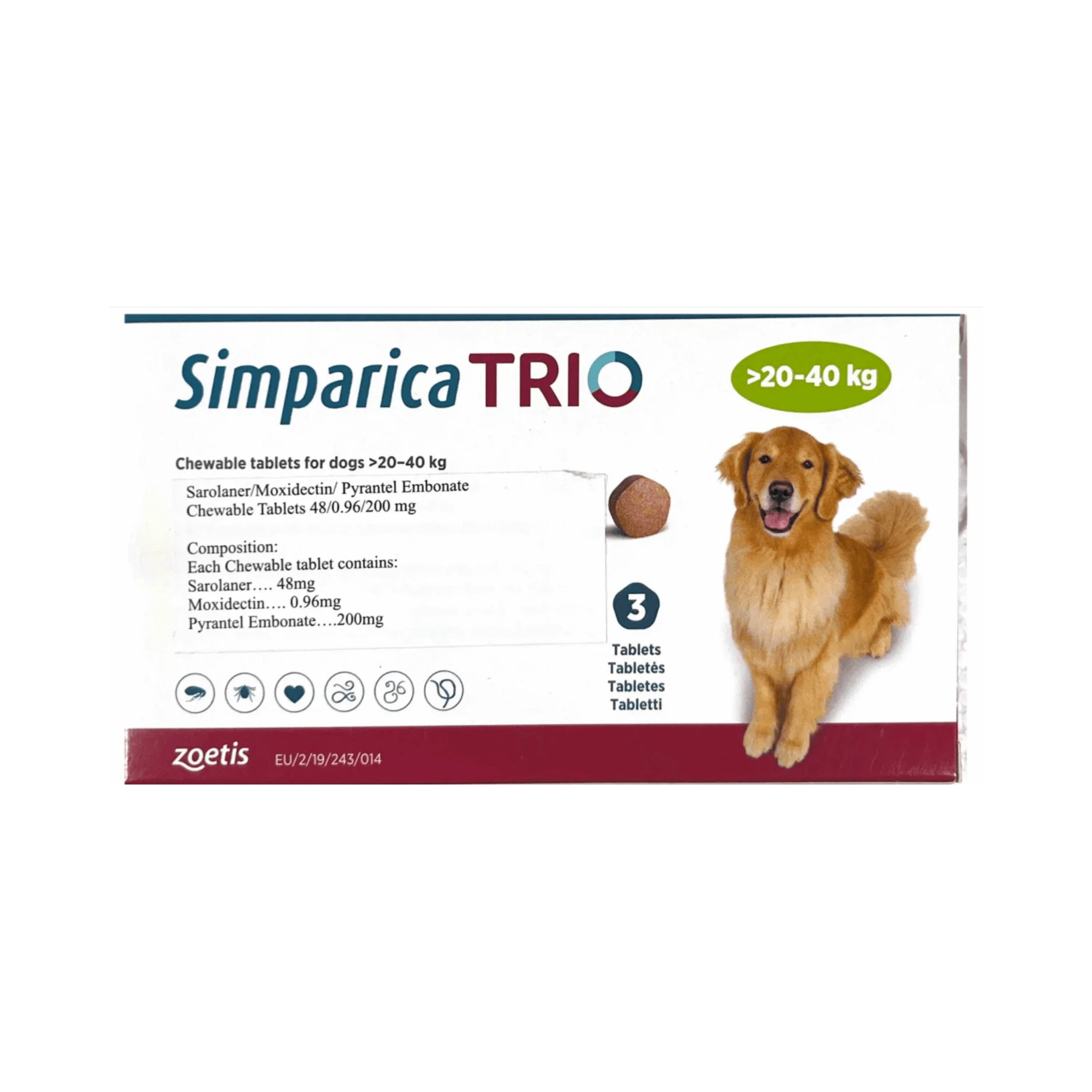 Simparica Trio Chewable Tick & Flea Tablet for Dogs (>20–40 kg)
(L)(3 pills)